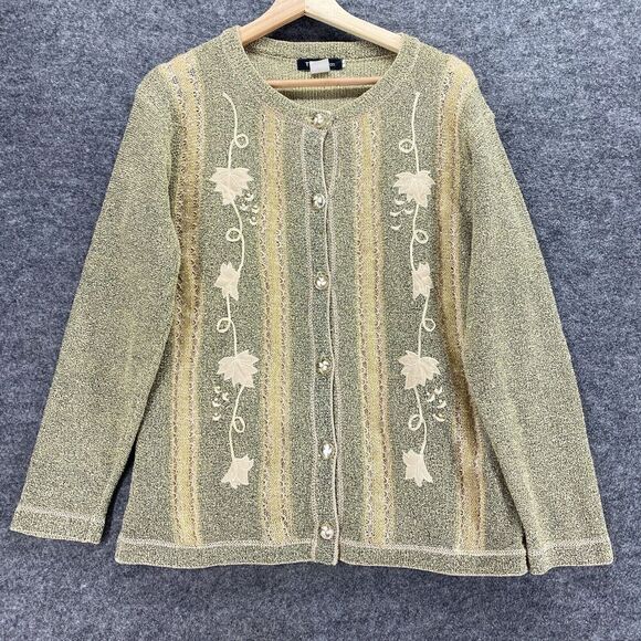 T-C Fashion Cardigan Women L Large Gray Striped Button Up Long Sleeve Knit - Picture 1 of 6